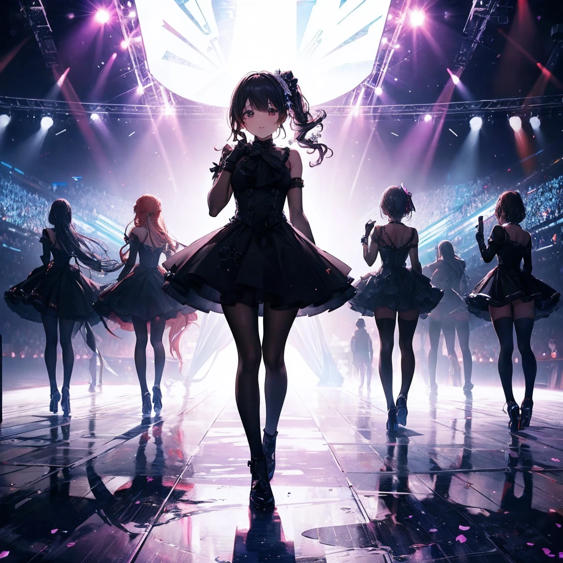 (multiple different silhouettes), background, multiple different idols, idol group, stage, (ultra detailed),(Masterpiece), (Best quality), (8k)