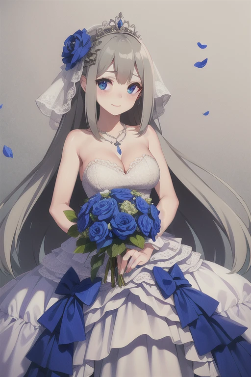 lexington \(warship girls r\),((Best quality))),((Ultra-detailed)),((illustration)),((Disheveled hair)),((frilld)),(1 girl),(Solo),
1girl, blue bow, blue eyes, blue flower, blue ribbon, blue rose, bouquet, breasts, dress, flower, gradient, gradient background, grey background, jewelry, long hair, necklace, petals, rose, solo, veil, wedding dress, white dress, gray hair