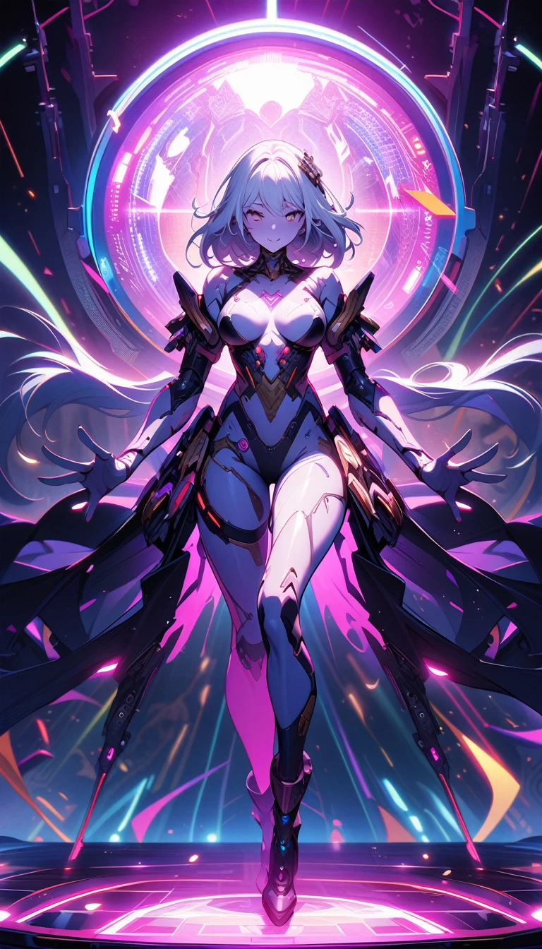 ((best quality)) , ((masterpiece)) , (detailed),A full body illustration of an American female character in the style of Hearthstone card art, dancing on a disco dancefloor with a big glittering mirror ball overhead. She wears purple and gold and has white hair. Her hands are up as if to talk to someone, with a happy expression. The background is colorful with vibrant colors and high contrast. It is a low angle shot with a wide lens. ,biomechanical cyberpunk . cybernetics, human-machine fusion, dystopian, organic meets artificial, dark, intricate, highly detailed