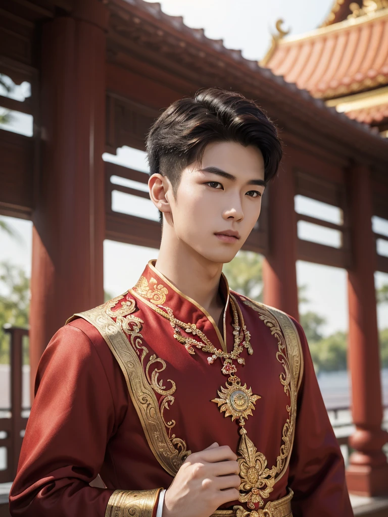 (10,masterpiece,There's nothing wrong with it..., Realistic :1.3), bestquality, portrait , Realistic, 1 Handsome chinese slim guy, 20 years old, Hair combed smoothly, red Traditional Thai dress costumes , ( comfortable:1.2), temple background, (breeze:1.2),(sun lighting:1.2)