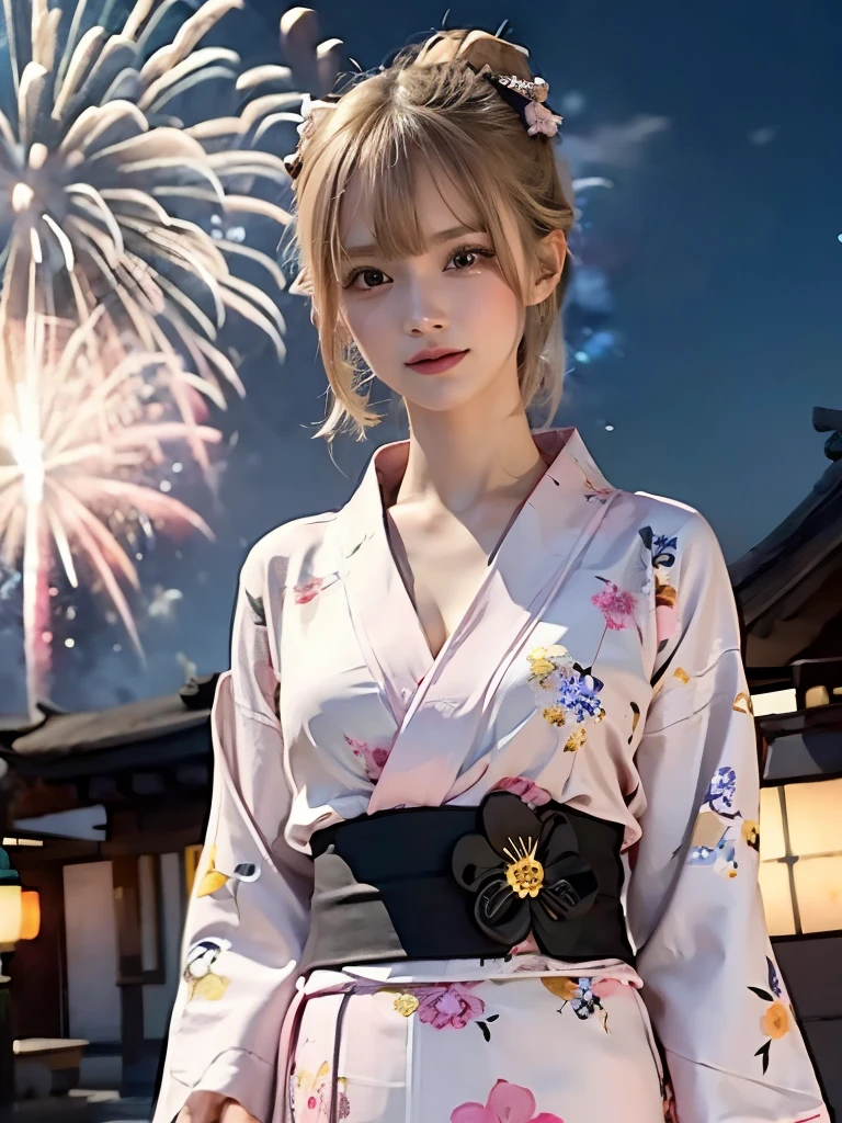 raw photo, 8k, (top-quality), Realistic, (real picture, Intricate details), (natural skin texture, detailed skin, hyper realism, sharpness), (pale skin:1.5), Japanese age girl walking in shopping street at night, (sexy floral pink yukata:1.5), exposed cleavage:1.3, slender body, (blonde hair, bun hairstyle, blunt bangs), shy smile, night time, (fireworks:1.5)