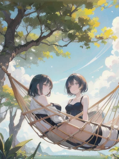 masterpiece, Highest quality, High resolution backgrounds, Bright and beautiful atmosphere, Two Girls (10 years old, 1. Short-tempered round face), 1 (hair, Surface Effects), Small breasts, Tropical trees々Hammock between、Overlooking the forest from a high hill、A hammock so high you can&#39;t reach it 、Two girls sleeping in a hammock、(topless)、A stream flows below、(Show me your vagina)