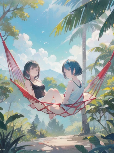 masterpiece, Highest quality, High resolution backgrounds, Bright and beautiful atmosphere, Two Girls (10 years old, 1. Short-tempered round face), 1 (hair, Surface Effects), Small breasts, Tropical trees々Hammock between、Overlooking the forest from a high hill、A hammock so high you can't reach it 、Two girls sleeping in a hammock、(topless)、A stream flows below、(Show me your vagina)