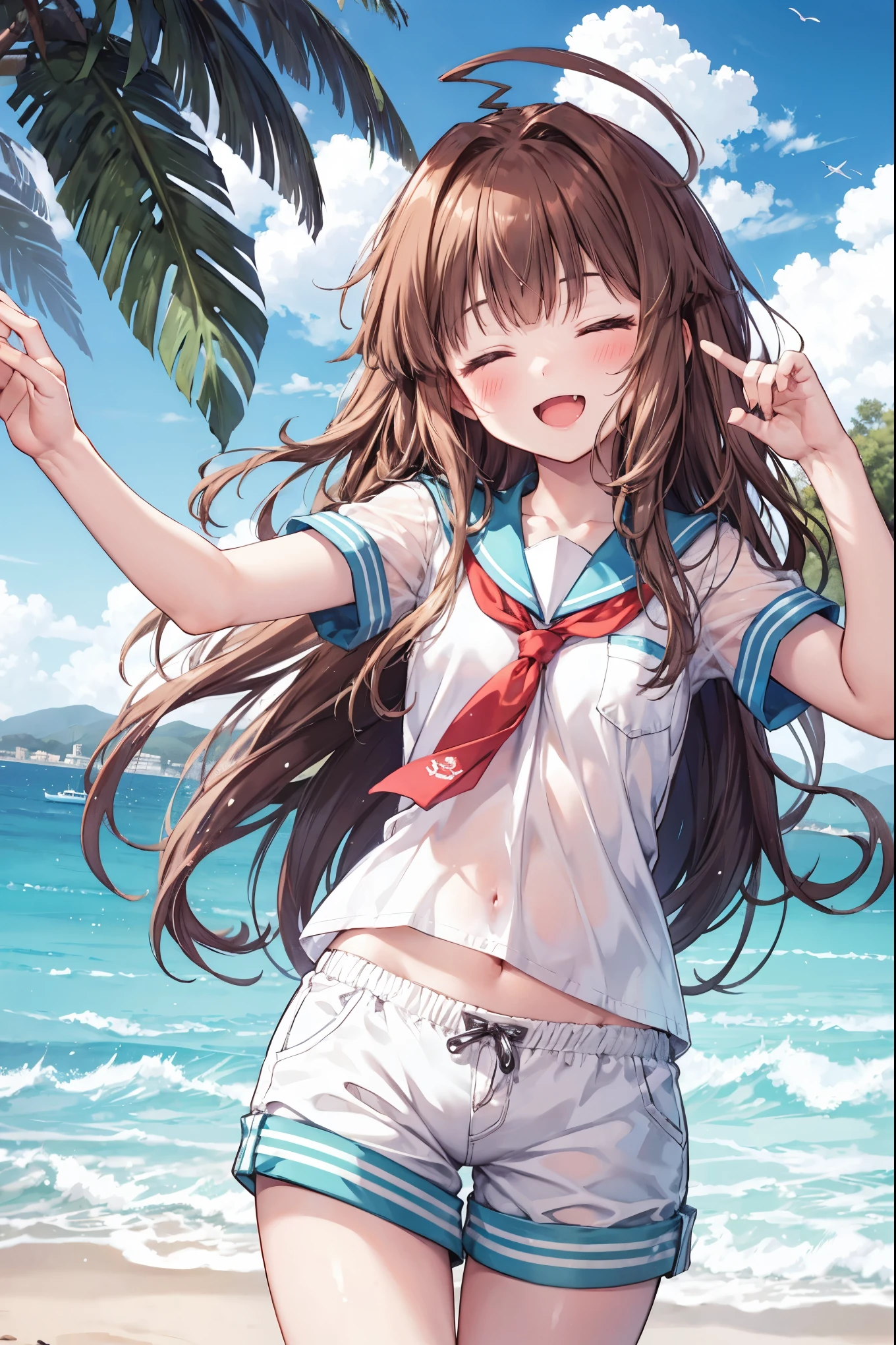 1young_teen_ girl, brown_hair, long_hair, sailor_uniform,white_ baggy_shorts, short_sleeve, thighs, small_breasts, big_smile, open_mouth, fang, harbor_landscape_background, slightly_spread_legs, happiness, covered_crotch,ahoge,XD,exciting_posing,closed_eyes