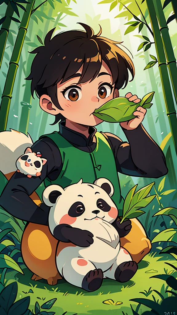 masterpiece:1.4), (Highest quality:1.4), Fantasy,Extremely detailed, Complex, hyper detailed, Soft lighting,A panda-like boy is eating bamboo leaves。Remaining human。
