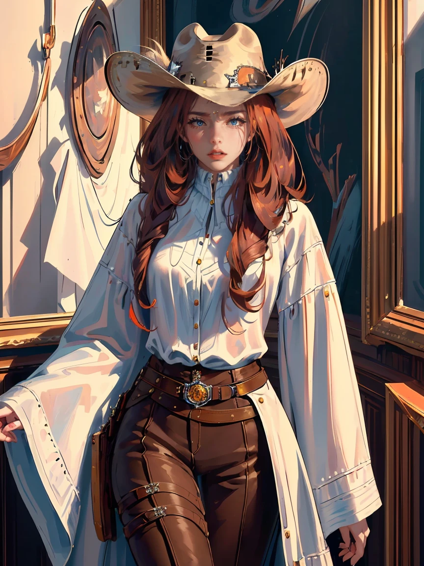 Long auburn hair, brown eyes, gloss lips, front look, close up, portrait, beautiful eyes, wearing a male white suit, big white, curly hair cut, clear skin, young 30 years girl, adult girl, solo, very long hair, ankle length hair, handsome older WOMAN,Hyperresolution,accuracy,Detailed rendering,(Image of fine hair)(topquality)(Masterpieces of masters)(High degree of completeness)(A sense of atmosphere)tmasterpiece,Super detailed and super detailed(((half-body portrait)))(((Older woman))) (((Western girl))), (((Cowgirl))) (((Cowboy hat))) (((Gunslinger)))(((Better hands)))(((Brown eyes)))(((White horse)))(((Holstered gun)))(((Sheriffs daughter)))(((Corset)))(((WAVY auburn HAIR)))