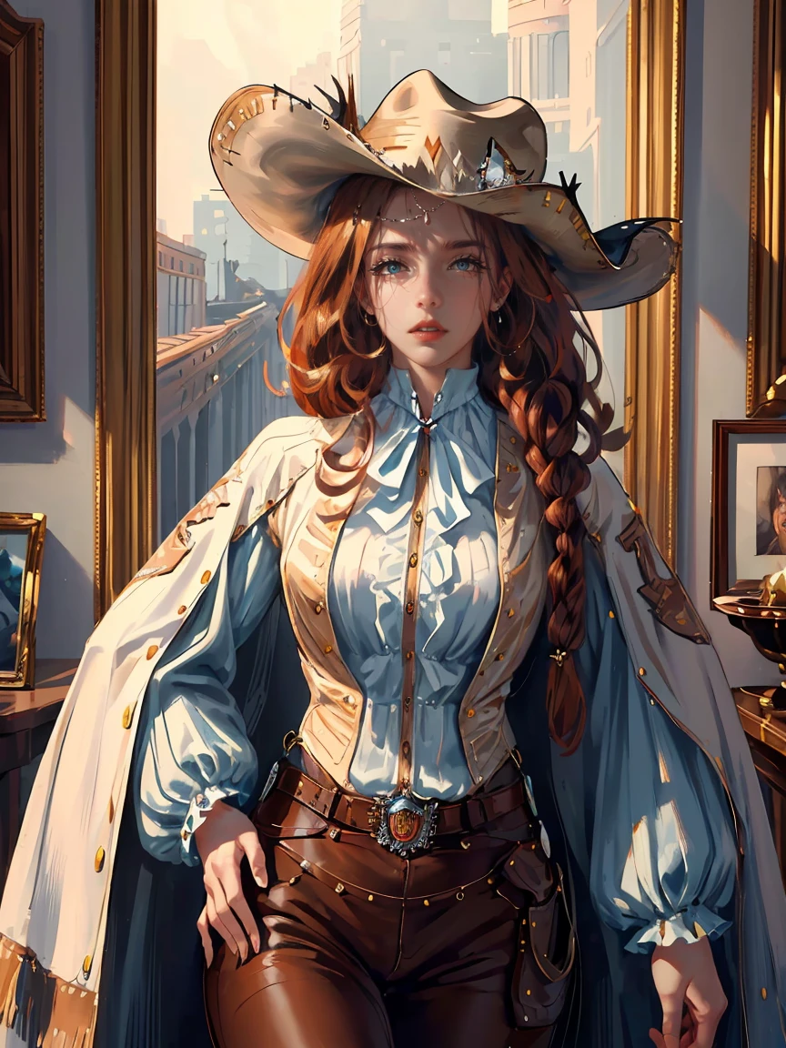 Long auburn hair, brown eyes, gloss lips, front look, close up, portrait, beautiful eyes, wearing a male white suit, big white, curly hair cut, clear skin, young 30 years girl, adult girl, solo, very long hair, ankle length hair, handsome older WOMAN，Hyperresolution，accuracy，Detailed rendering,（Image of fine hair）（topquality）（Masterpieces of masters）（High degree of completeness）（A sense of atmosphere）tmasterpiece，Super detailed and super detailed（((half-body portrait)))(((Older woman))) (((Western girl))), (((Cowgirl))) (((Cowboy hat))) (((Gunslinger)))(((Better hands)))(((Brown eyes)))(((White horse)))(((Holstered gun)))(((Sheriffs daughter)))(((Corset)))(((WAVY auburn HAIR)))