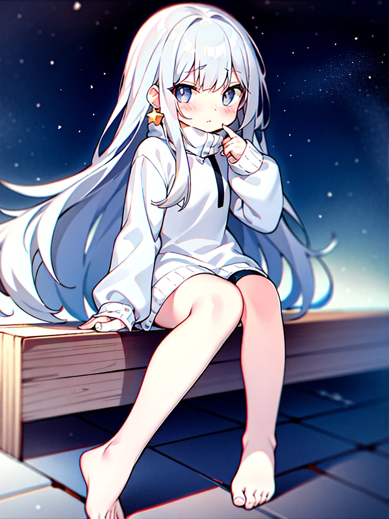 Adorable，girl，Star Earrings，Long white hair，Different pupils，Sit on the ground with your knees bent，Diagonal bangs，Exterior，A light snow fell in the sky，The small mouth opens slightly，faint starlight，My cheeks are a little red from the cold，Gray Hair，Gray Hair，Gray Hair，Have dull hair，barefoot，Leg Loops，Spread your legs，Embarrassed expression，White panties leak