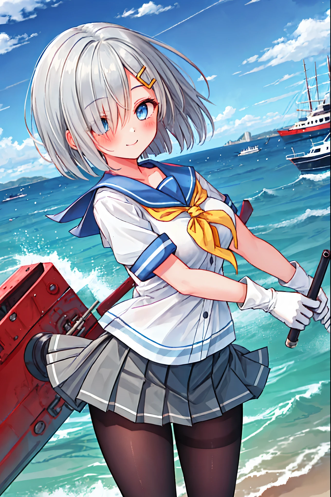 best quality, masterpiece, highres, solo, {hamakaze_kantaicollection:0.90}, 1girl, black_pantyhose, pleated_skirt, serafuku, short_sleeves, simple_background, white_background, yellow_neckerchief, white_gloves, looking_at_viewer, grey_skirt, blush, eyes_visible_through_hair, blue_sailor_collar, dynamic_posing,long_bangs,hair_over_one_eye,harbor_school_landscape_background,outdoor,smile,