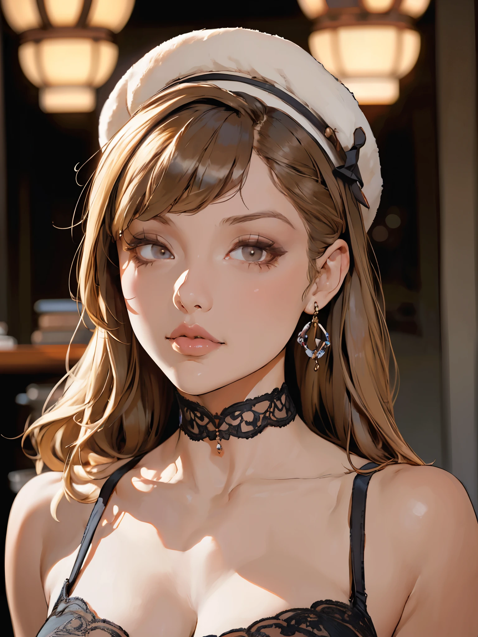 1girl, bust portrait, detailed face, looking at viewer, detailed hair, detailed eyes, intricate jewelry hat, blush, detailed skin, shoulder, drapped dress, sideboob, soft lighting, (realistic, photorealistic), masterpiece, highest quality, earrings, art nouveau, caucasian, (blonde hair:brown hair:1.2), (brown eyes), long swept bangs, eyelashes, fake lashes, thin eyebrows, long hair, (tareme, (half-closed eyes:0.6), black eyeshadow),