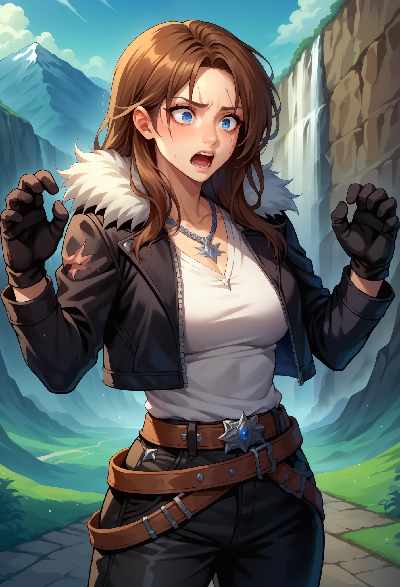 score_9, score_8_up, score_7_up, 1girl, solo, (female:1.5),female focus, female body, squall, necklace, brown hair, long hair, gloves, white shirt, blue eyes, shirt, black gloves, jacket, black jacket, fur trim jacket, black pants, belt,breasts, scar, diagonal scar, scar on face, parted bangs, sweating, shaking, shocked face, scared, screaming, stiff hands, standing, looking down, landscape,
