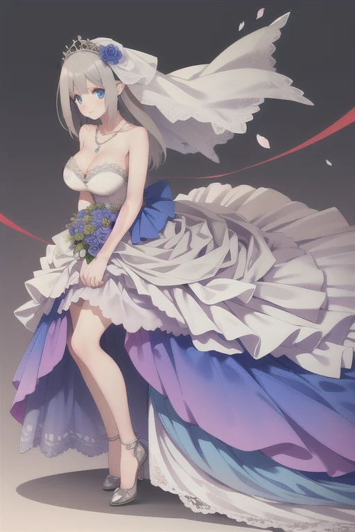 lexington \(warship girls r\),((Best quality))),((Ultra-detailed)),((illustration)),((Disheveled hair)),((frilld)),(1 girl),(Solo),
1girl, blue bow, blue eyes, blue flower, blue ribbon, blue rose, bouquet, breasts, dress, flower, gradient, gradient background, grey background, jewelry, long hair, necklace, petals, rose, solo, veil, wedding dress, white dress, gray hair,full body,