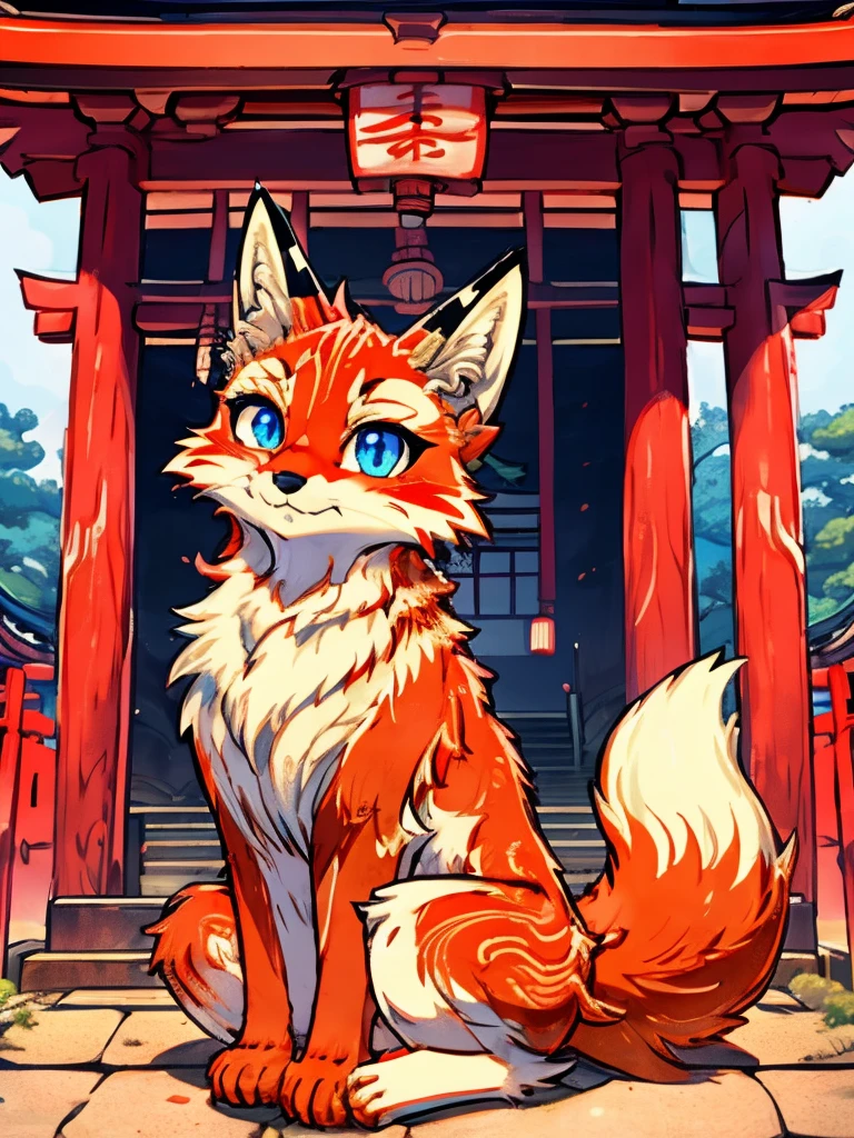 Japanese 9-tailed fox, add high definition_detagregate_detail:1, japanese shrine scenery add_detail:1, Whole body_detail, under a tori gate, super detailed pupils, beautiful eyes, bright pupils, jack-o position