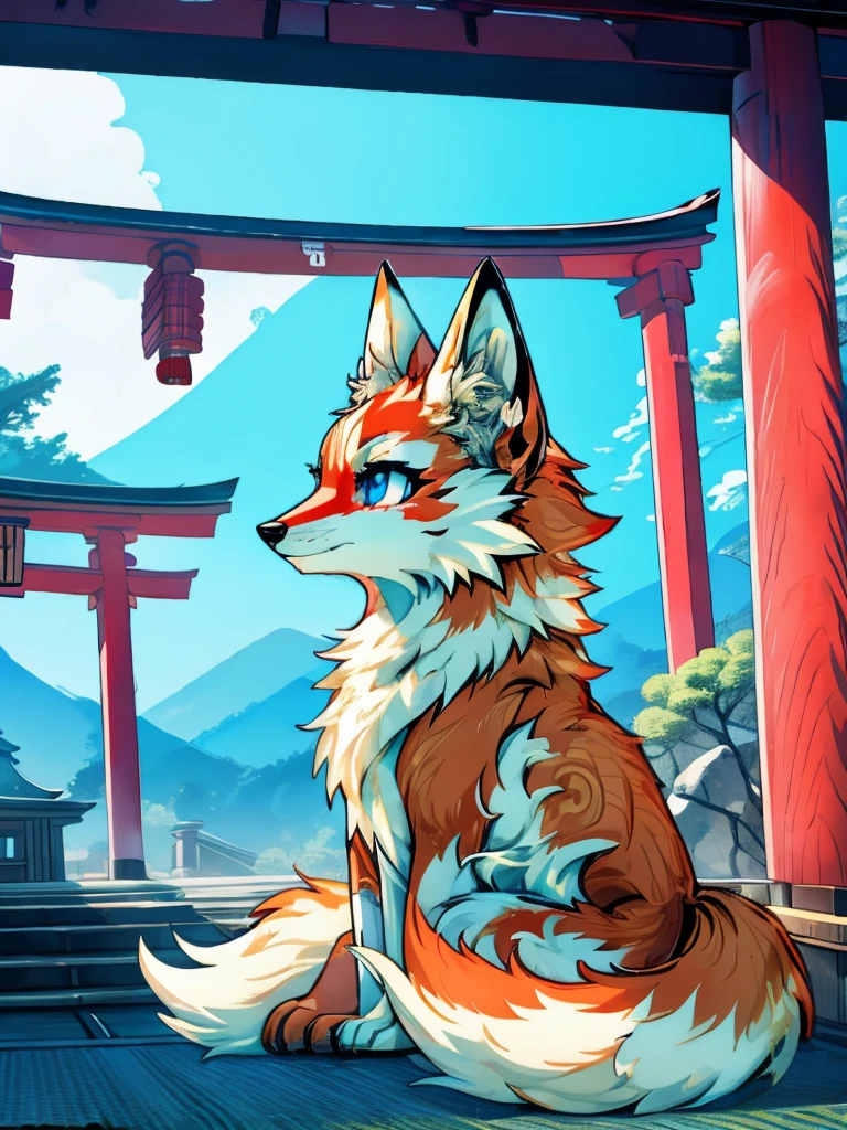 Japanese 9-tailed fox, add high definition_detagregate_detail:1, japanese shrine scenery add_detail:1, Whole body_detail, under a tori gate, super detailed pupils, beautiful eyes, bright pupils, jack-o position