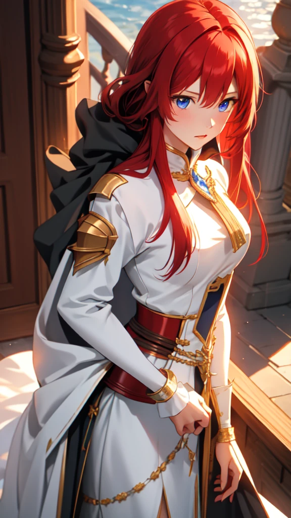solo female knight, mansion, cape, long straight red hair, short, , , nervous, blue eyes, close up, princess, worn armor, sheathed sword