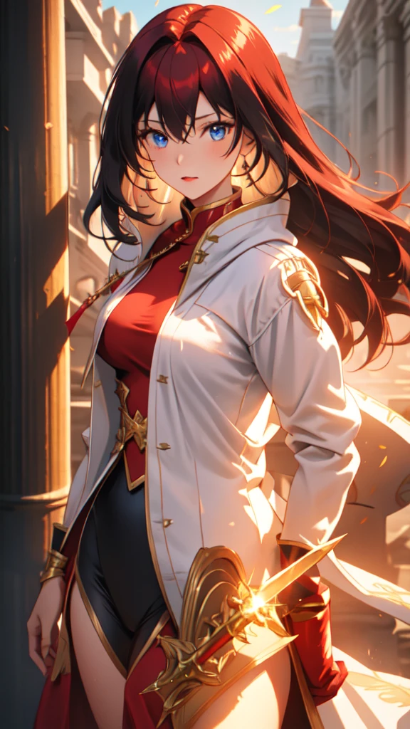 solo female knight, mansion, cape, long straight red hair, short, , , nervous, blue eyes, close up, princess, worn armor, sheathed sword