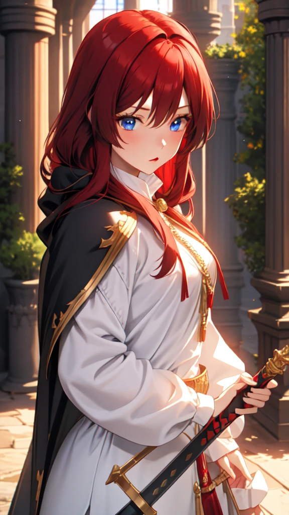 solo female knight, mansion, cape, long straight red hair, short, , , nervous, blue eyes, close up, princess, worn armor, sheathed sword