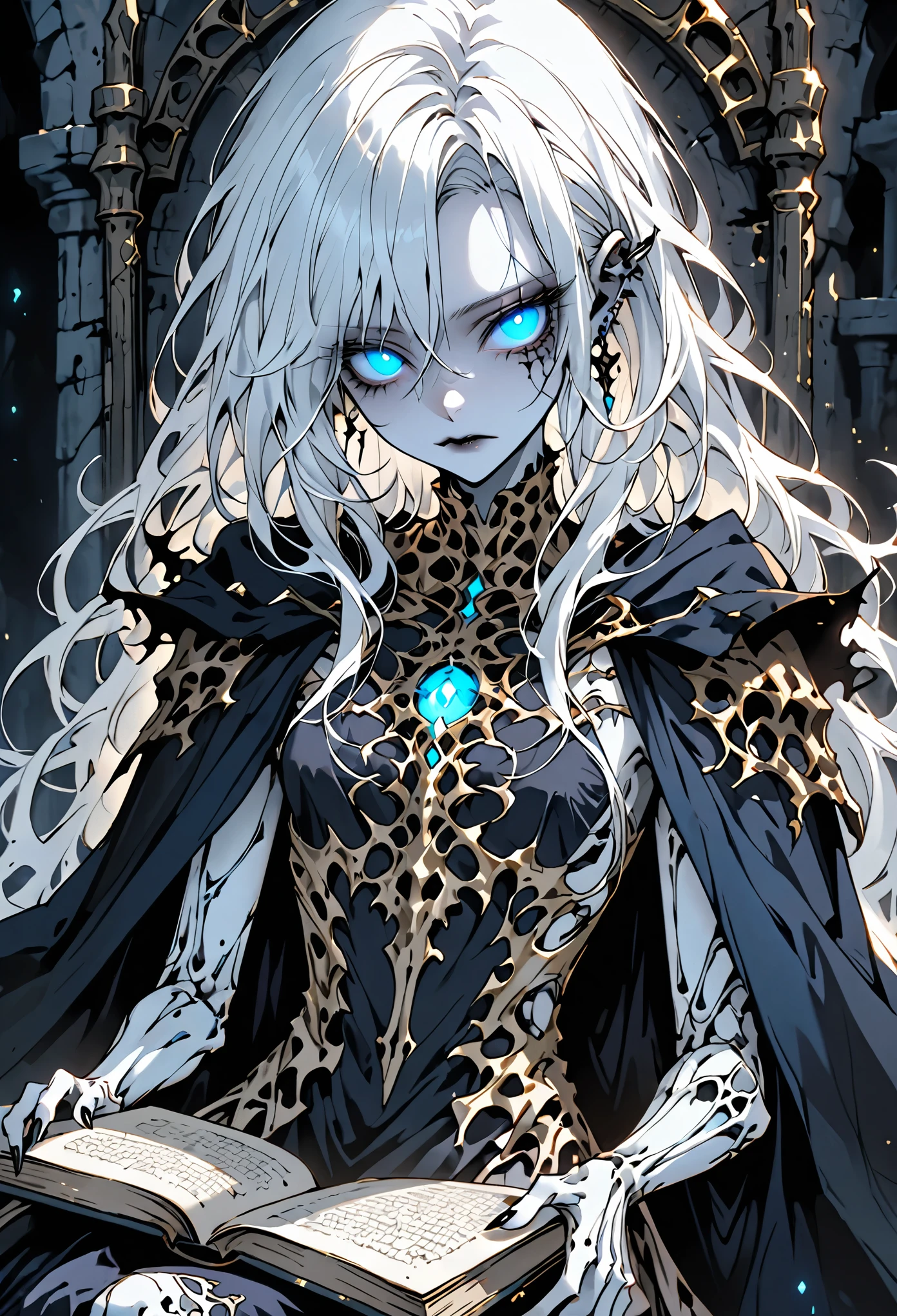 solo, female, piercing and faintly glowing blue eyes, long messy white hair, very pale skin:1.3, flat chest, slim, bored, tattered regal gown, black aura:.4, lich, magic, cape over shoulders, partially skeletonized, gold filigree black nails, book, dungeon, dark, close up, holding ancient book on lap, sitting, calm, 