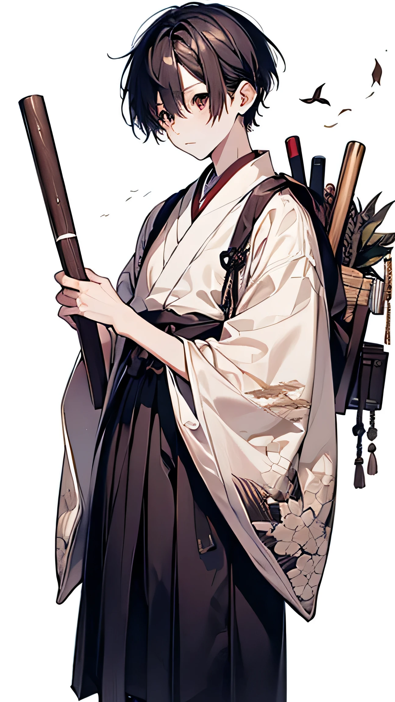 1boy, solo, looking at viewer, hakama, hakama skirt, holding, holding leaf, japanese clothes, joints, kimono, ladder,sleeves, looking down, oversized object, pantyhose, pleated skirt, sepia, short hair, simple background, stairs, standing, sun, tabi, tassel, white background, wide sleeves