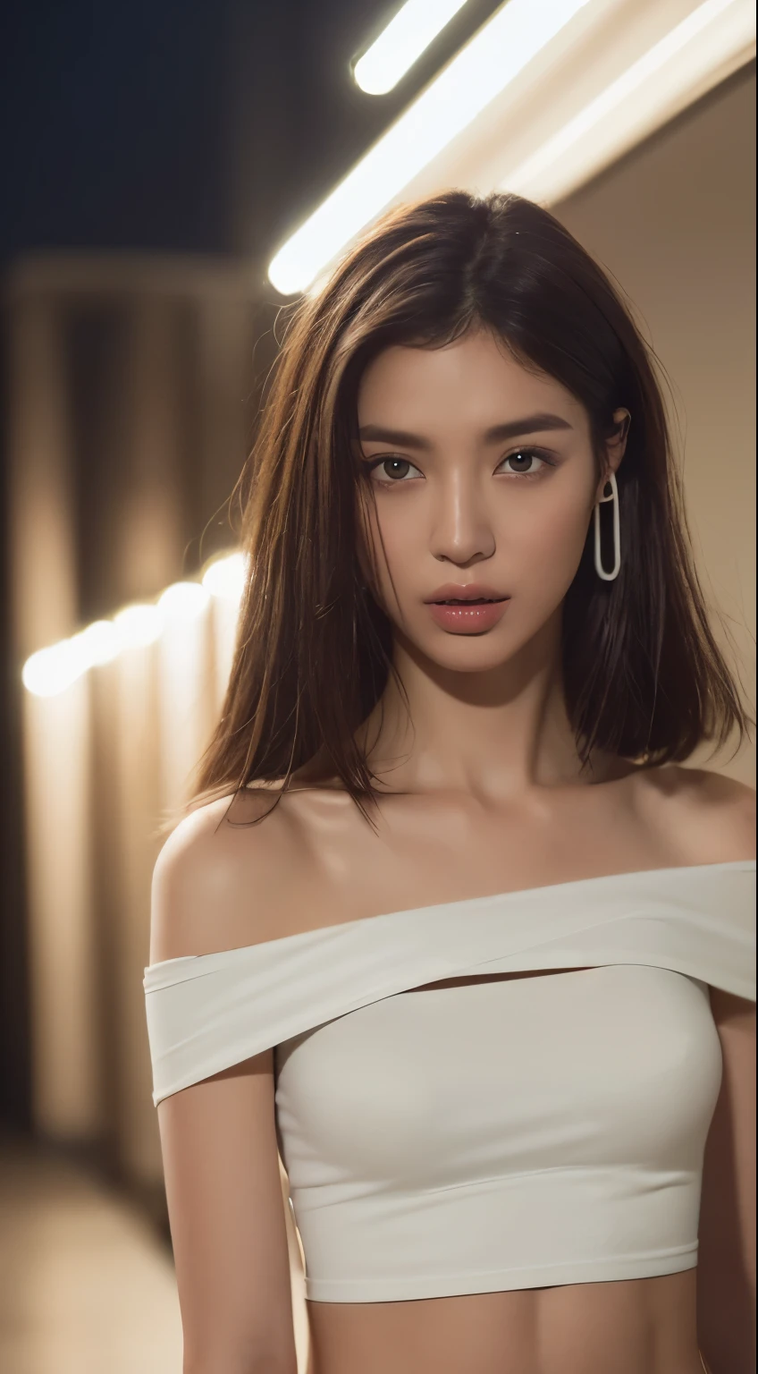 ((Realistic lighting, Highest quality, 8k, masterpiece: 1.3)), Clear focus: 1.2, 1 girl, Perfect figure: 1.4, Slim Abs: 1.1, (((Dark brown hair)), (White tube top: 1.4), (Outdoor, night: 1.1), street, Super slim face, Narrow eyes, double eyelid,