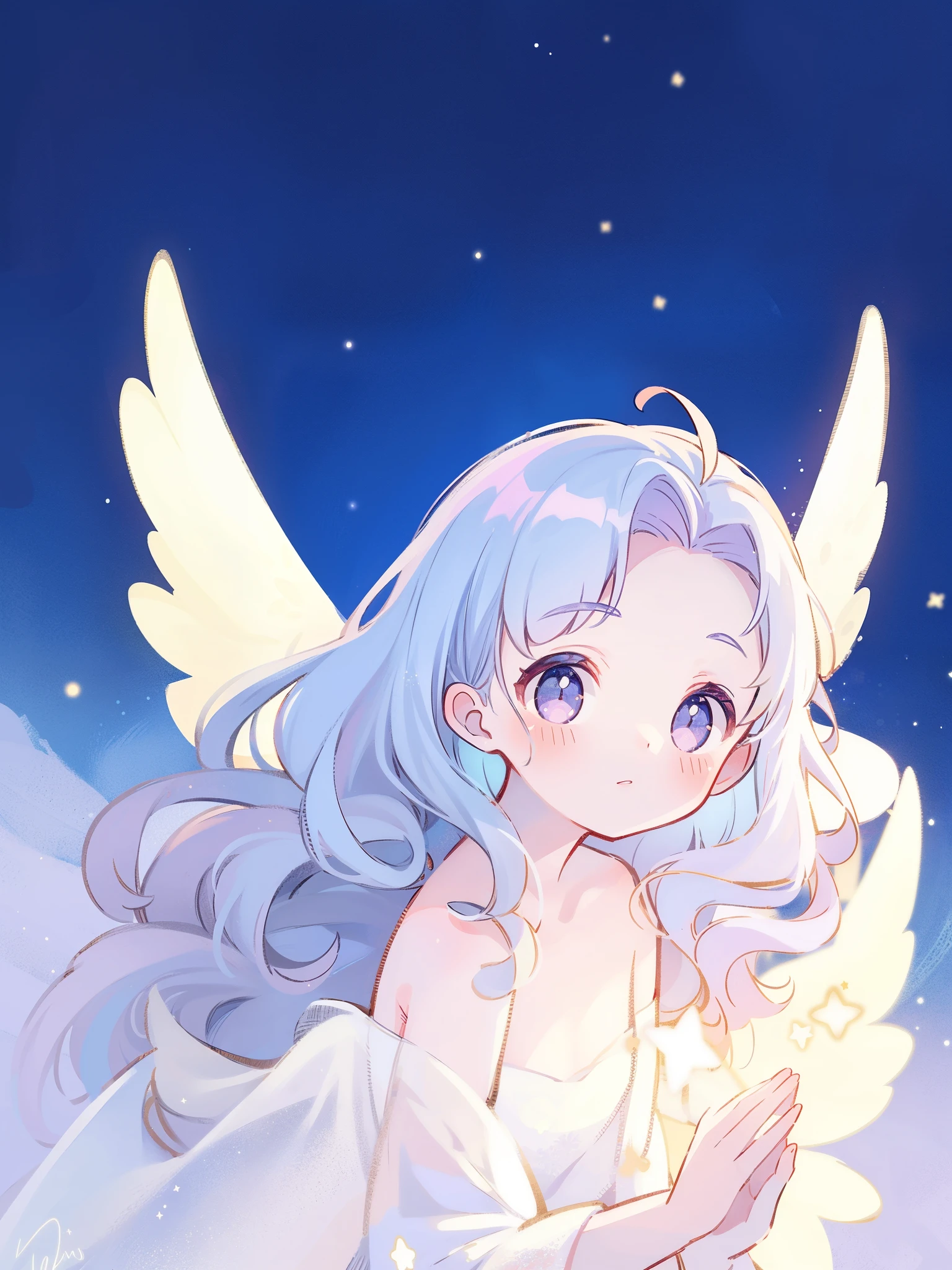 angel girl wearing an ethereal translucent dress, pale skin, ((wavy gradient blue purple hair)), white feathers, angel wings, sparkling detailed eyes, golden ratio face, perfect composition, highly detailed, ethereal, (starry night sky background), midjourney style