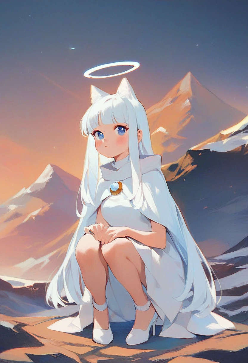 (score_9, score_8_up, score_7_up), zPDXL, 1 girl, alone, looking at viewer, crouching, hands on knees, white cat, mountain background, white hair, blue eyes, full body, long hair, white dress, bright white hair, white halo of light, halo, metallic pendant, blushing cheeks, white cat, mountain with a bit of snow, beautiful girl crouching with a halo of light, retro style, white cape, blunt bangs, white aura,