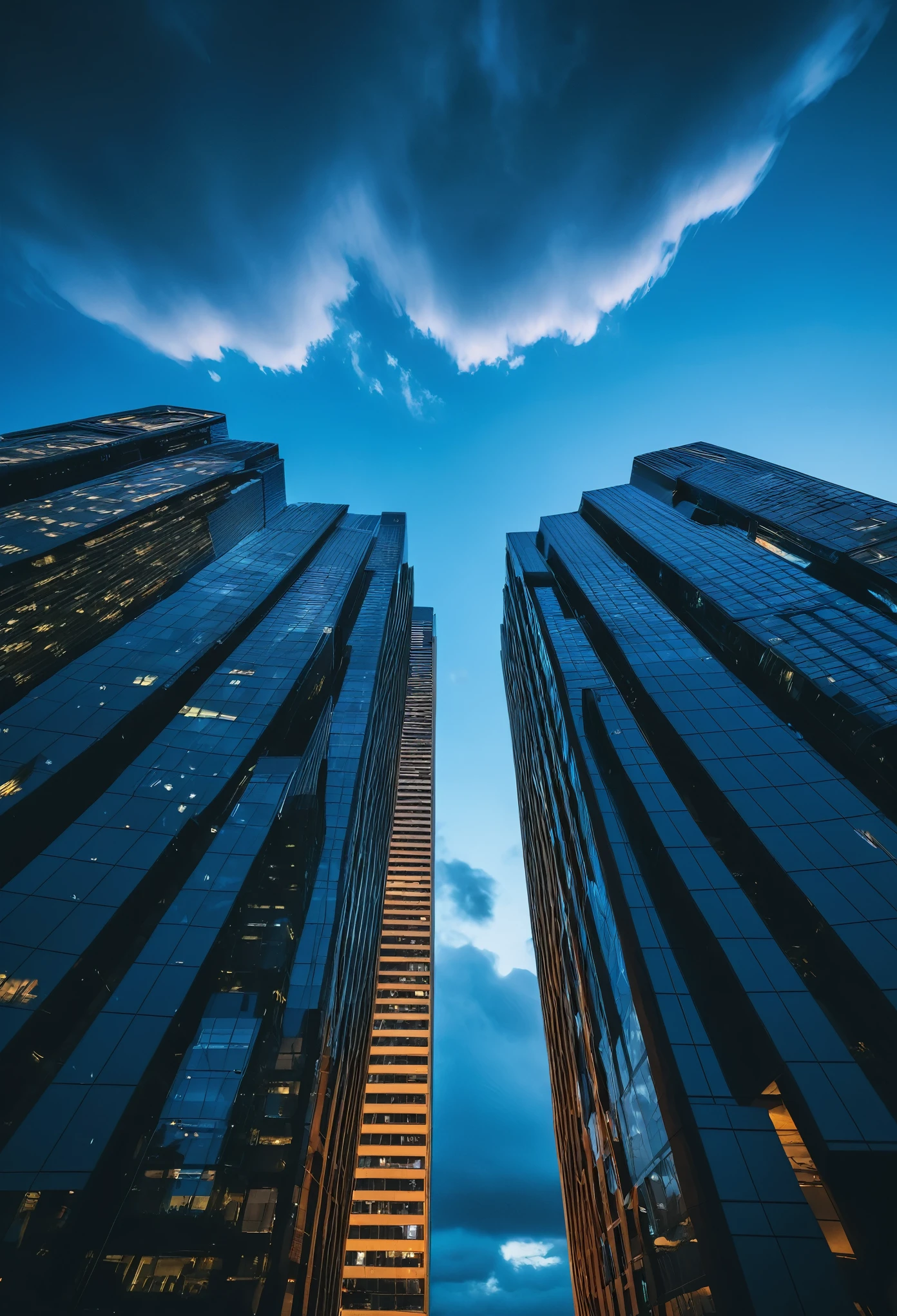 Low angle photo of tall office buildings, sky view, blue hour, cinematic, epic, dramatic, cloudy sky, taken in the style of Hasselblad x2d camera. 