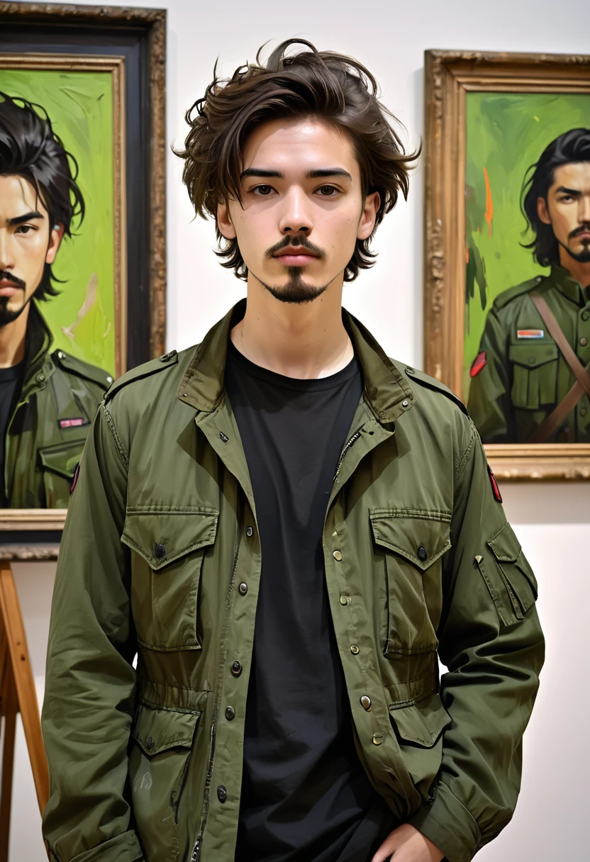 1male, young and thin, 21 years old, dark messy hair, ((goatee)), black tee-shirt and green M65 army jacket, stands in front of a painting in an art gallery among paintings, grunge (genre)