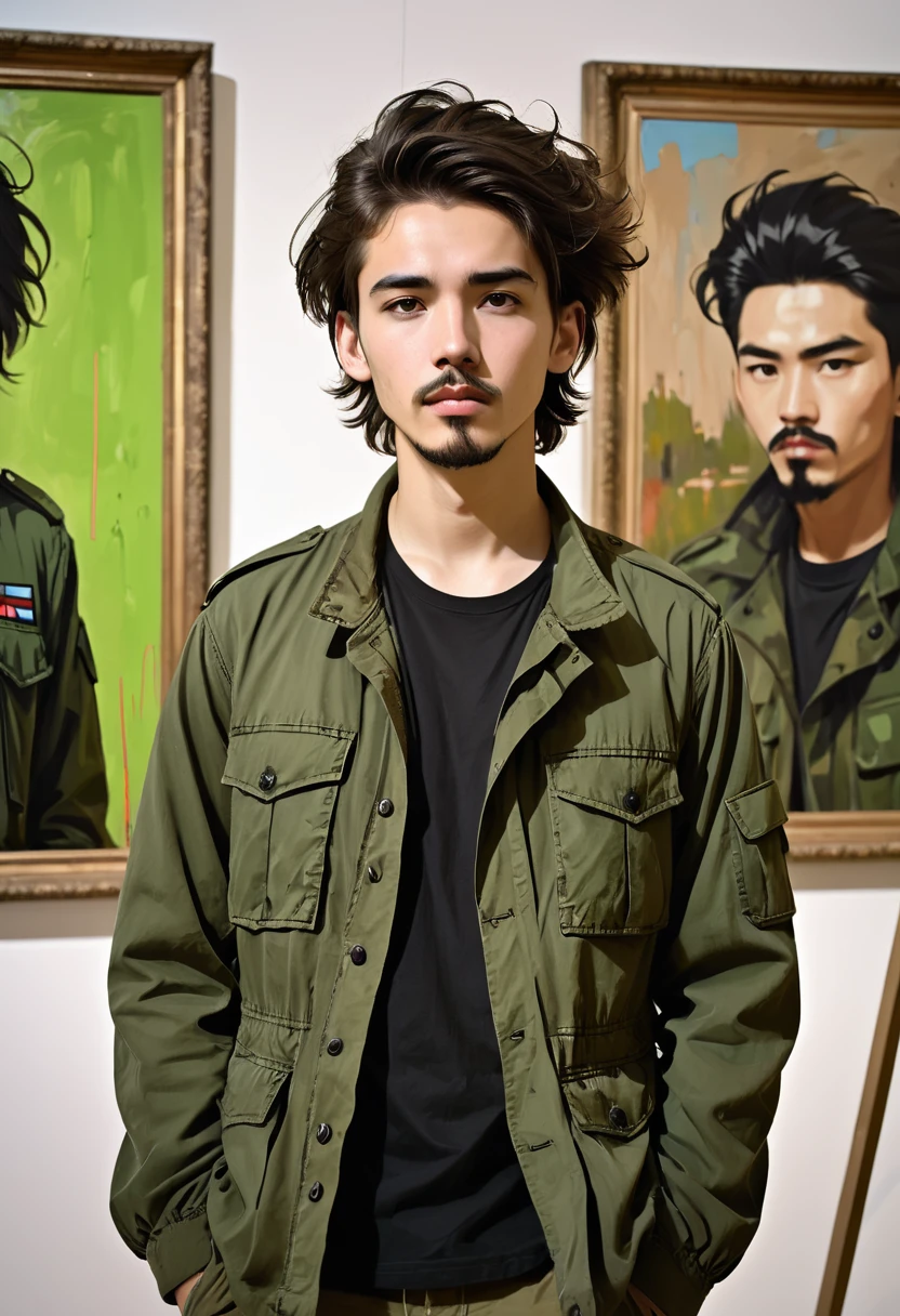 1male, young and thin, 21 years old, dark messy hair, ((goatee)), black tee-shirt and green M65 army jacket, stands in front of a painting in an art gallery among paintings, grunge (genre)