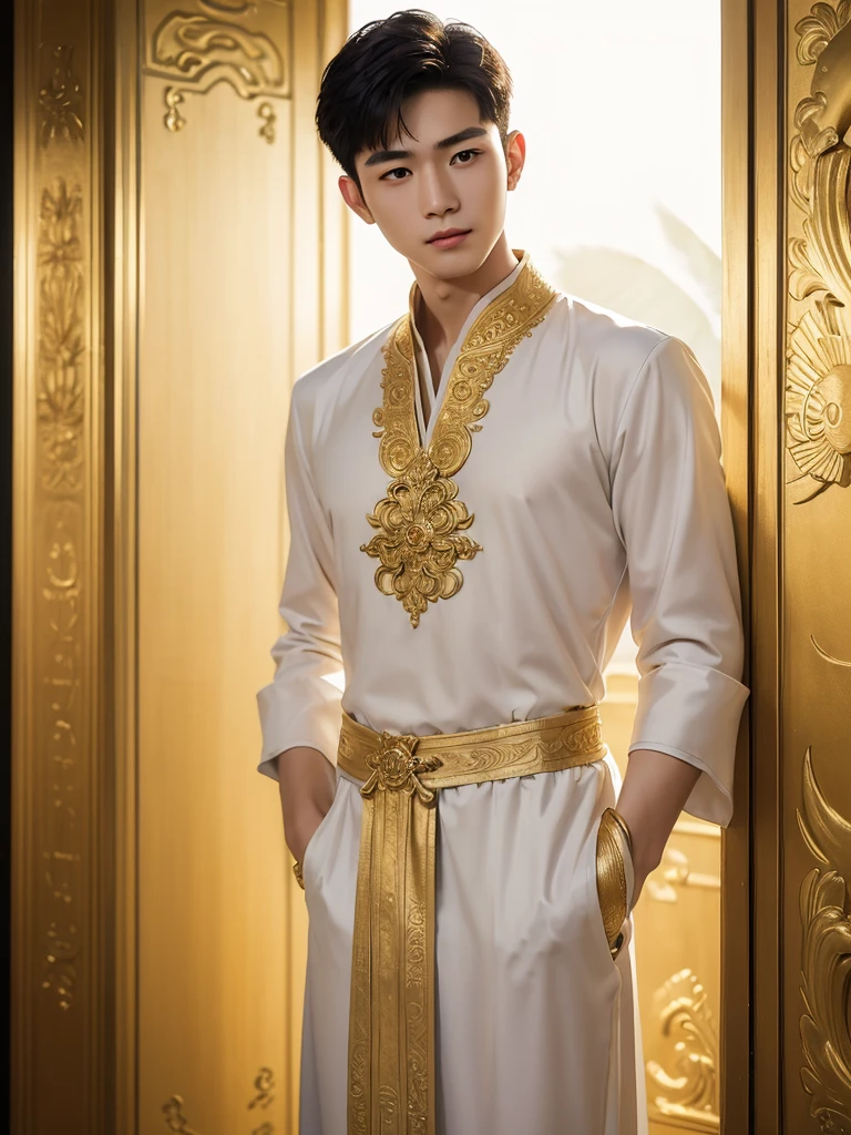 (10,masterpiece,There's nothing wrong with it..., Realistic :1.3), bestquality, portrait , Realistic, 1 Handsome chinese slim guy, 20 years old, Hair combed smoothly, (thai tradition dress), golden jewelry, white dress , ( comfortable:1.2), temple background, (breeze:1.2),(sun lighting:1.2)