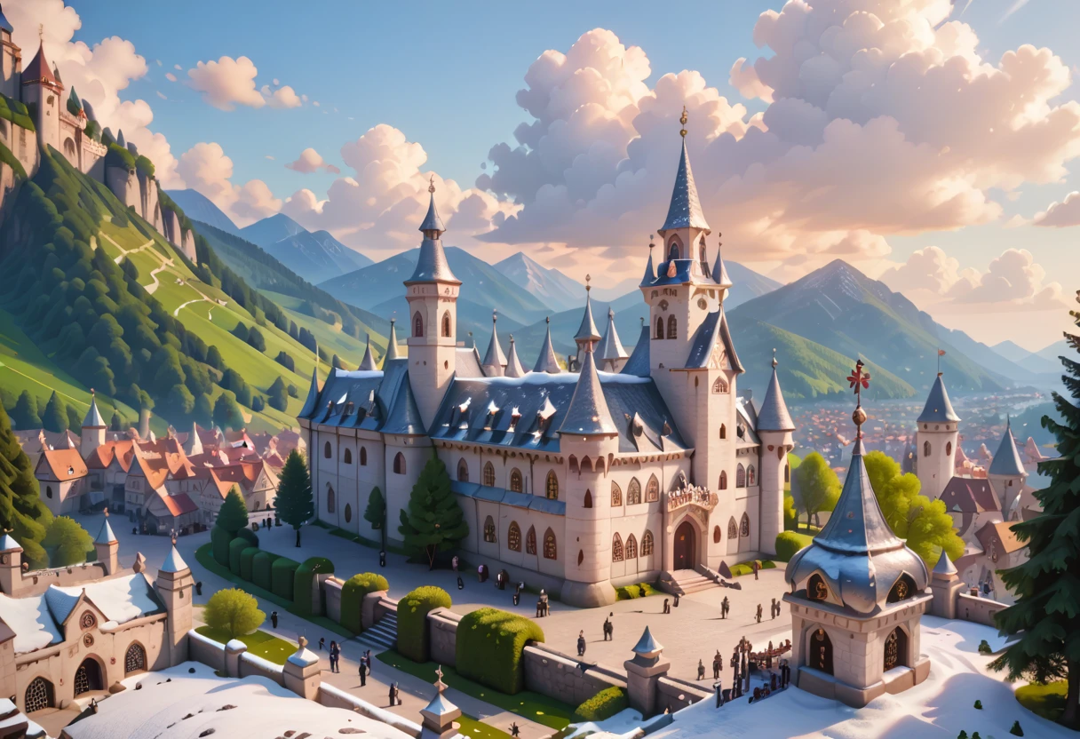 white medieval city capital, white medieval palace, winter landscape, beautiful landscape, masterpiece quality, ultra HD, 4K, best quality
