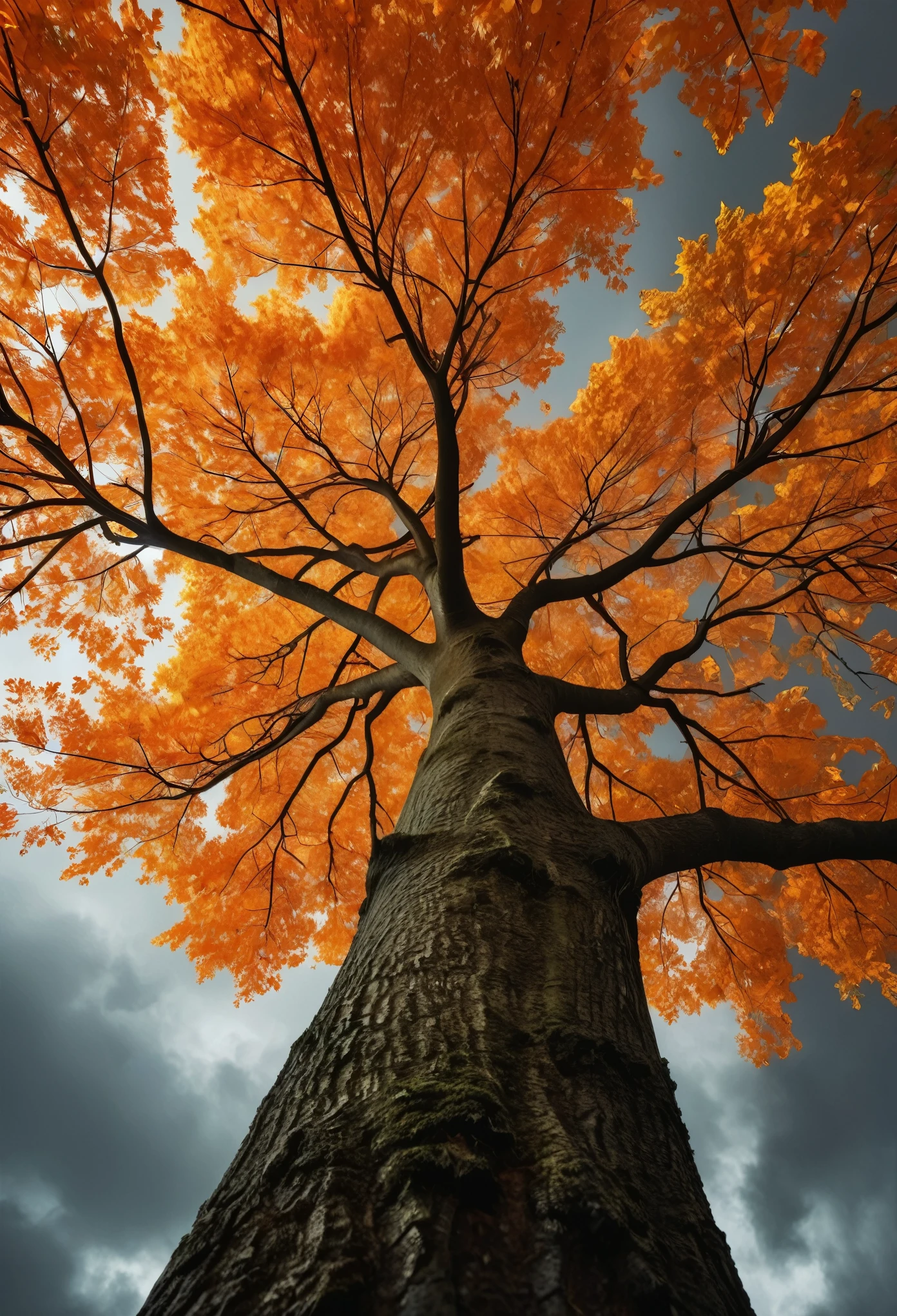 An autumn tree, seen from below looking up at its top with leaves falling off of it, in the style of fantasy art, dark grey sky, golden light on an orange leaf, beautiful, in the style of hyper realistic photography 
