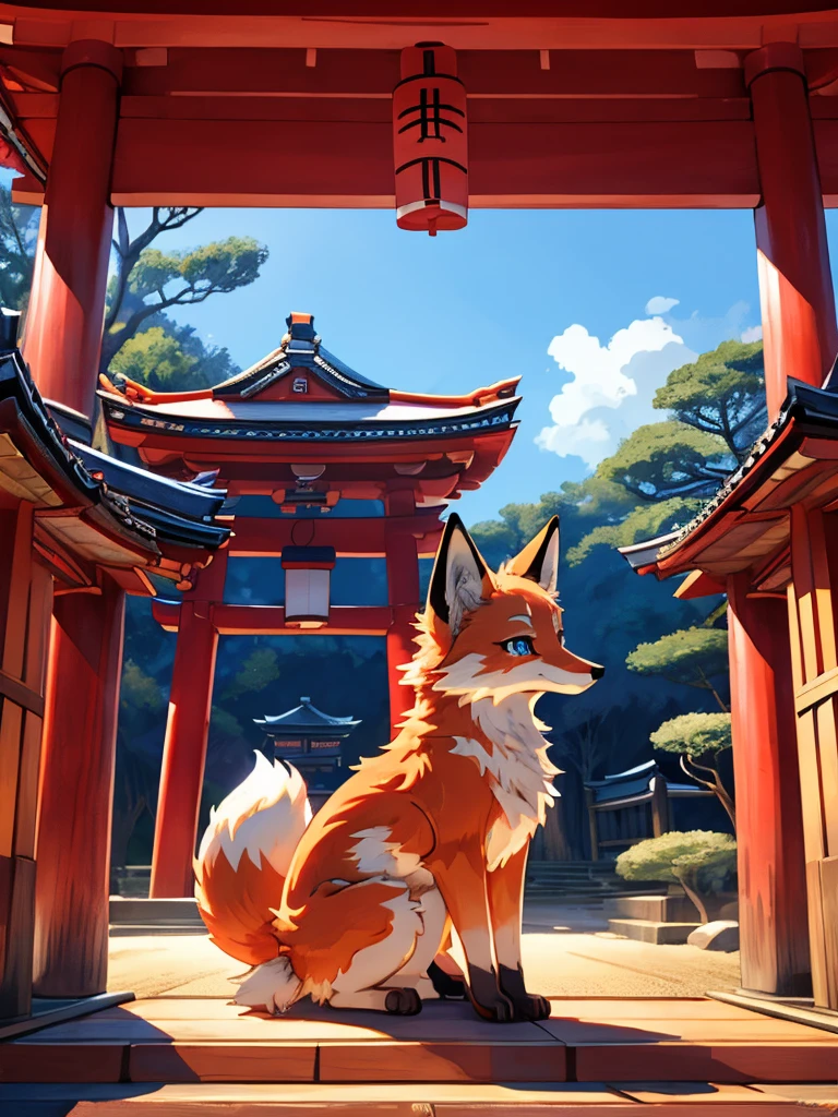 Japanese 9-tailed fox, add high definition_detagregate_detail:1, japanese shrine scenery add_detail:1, Whole body_detail, under a tori gate, super detailed pupils, beautiful eyes, bright pupils, jack-o position