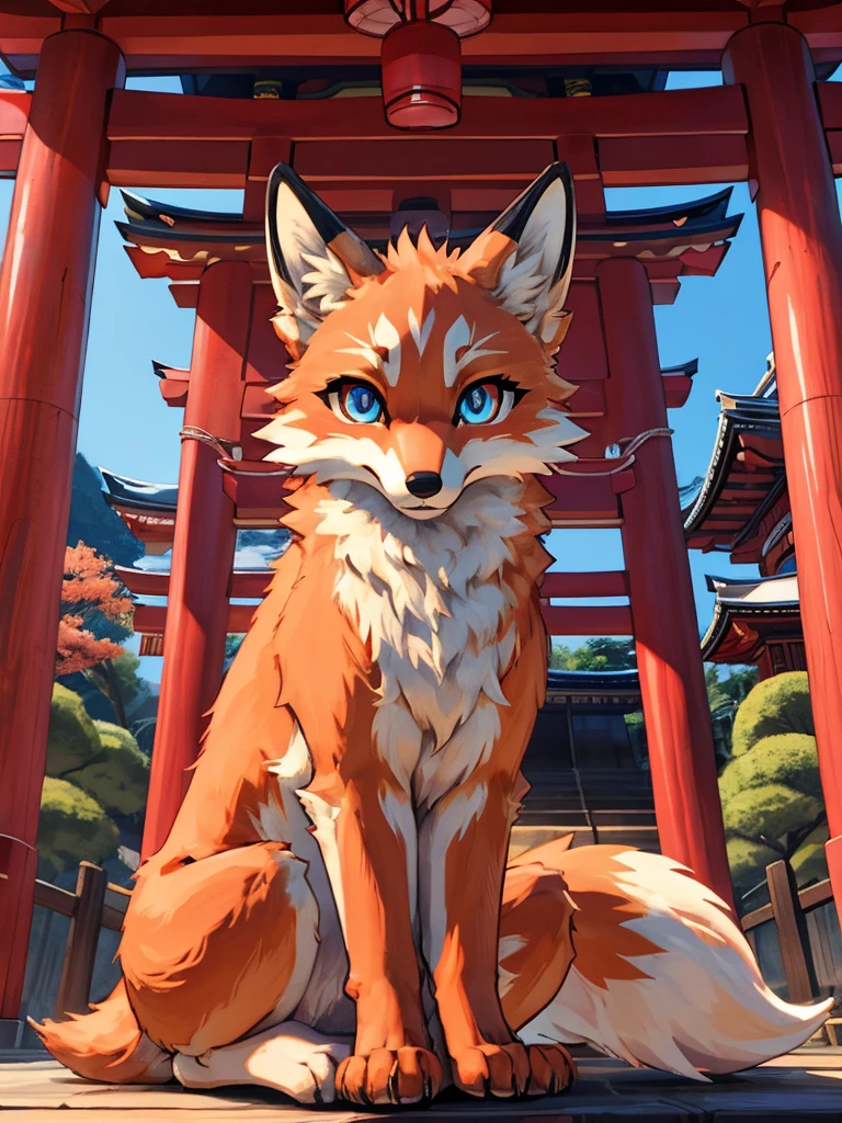 Japanese 9-tailed fox, add high definition_detagregate_detail:1, japanese shrine scenery add_detail:1, Whole body_detail, under a tori gate, super detailed pupils, beautiful eyes, bright pupils, jack-o position