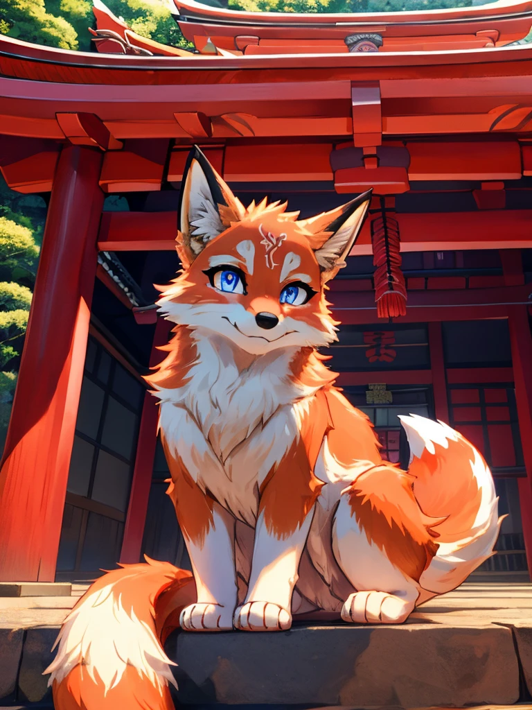 Japanese 9-tailed fox, add high definition_detagregate_detail:1, japanese shrine scenery add_detail:1, Whole body_detail, under a tori gate, super detailed pupils, beautiful eyes, bright pupils, jack-o position