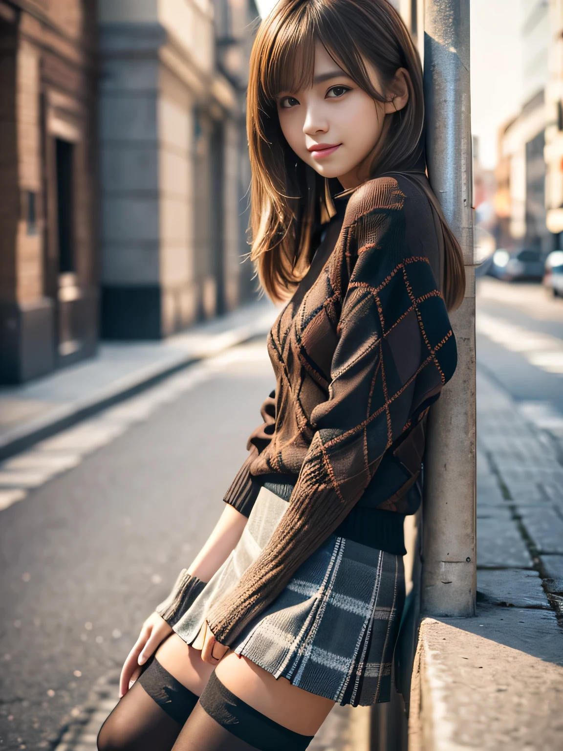 masterpiece, best quality, ultra-detailed, intricately detailed hyperdetailed, realistic, sharp features, highly detailed, sharp focus, (18 years old:1.3), Japanese Idol, perfect face, perfect symmetrically eyes, perfect full lips, hyper detailed, hyper realistic, high resolution, Fashion Model, Slender, Stylish, Realistic, Photorealistic:1.3, Beautiful Face, light brown hair, messy hair, asymmetrical bangs, Neat clothes, (smile), (looking at viewer), cinematic lighting, blurred background, (Argyle knit:1.2), ((Pleated miniskirt, black high socks)), (leaning on wall),