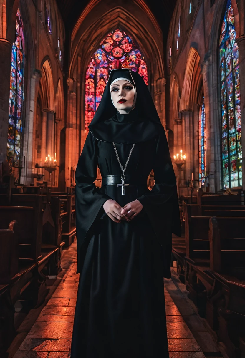 CRUDO, analogous thing) (Gothic nun huge chest), set in the 1990s, maquillaje surrealista, leather clothing inside a gothic church at night, neon lights, muy oscuro, horror, tonos rojos, caos, siniestro, detalles altos, ultra realista, SonyA7III, cinematic lighting, movie, grano, caras UHD, volumetric shadow, incredibly detailed, by hyaku by hyaku