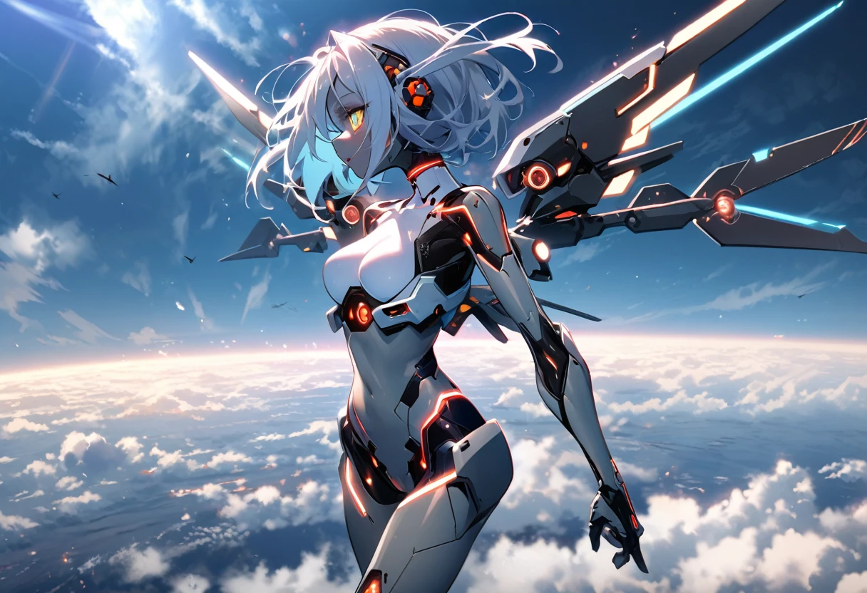 science fiction, android girl(full metal skin, cyber joint, metal hair), over the sky, flight wings