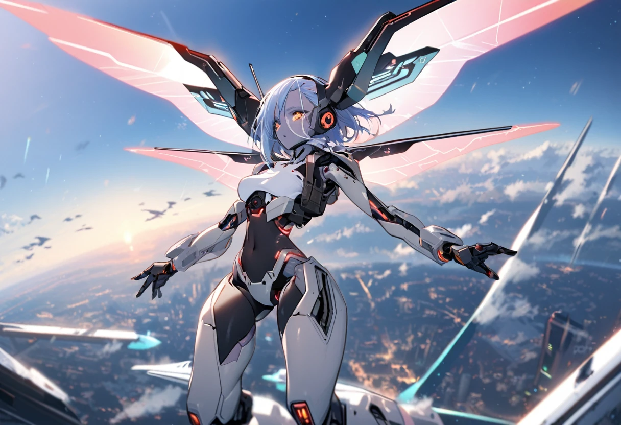 science fiction, android girl(full metal skin, cyber joint, metal hair), over the sky, flight wings