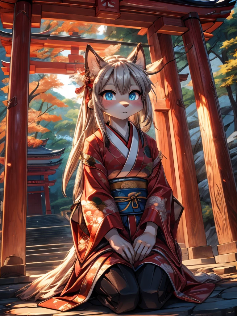 Kistune add high definition_detagregate_detail:1, japanese shrine scenery add_detail:1, Whole body_detail, under a tori gate, super detailed pupils, beautiful eyes, bright pupils, jack-o position