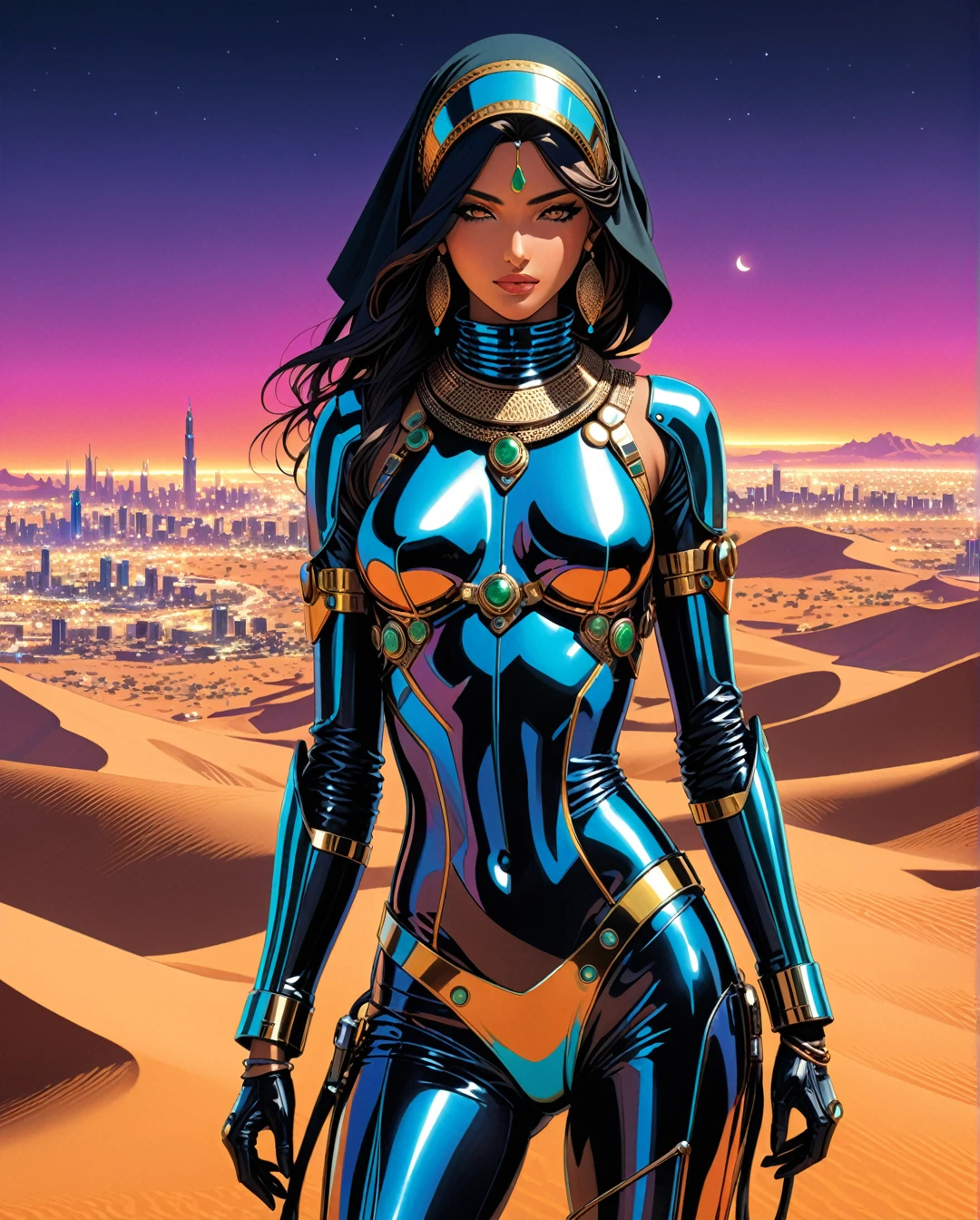 in style of Alex Howitt,in style of Santiago Caruso,
Art style by Noriyoshi Ohrai, Hajime Sorayama, Hiroshi Nagai, (Masterpiece, Top Quality, Super Deatail, High Resolution, Best Illustration), "An exceptional Saudi Arabian Bedouin female warrior adorned in a sleek, black metallic mechanical suit, seamlessly blending traditional Bedouin elements with cutting-edge cyberpunk aesthetics. The scene is set against a backdrop of a dark, dystopian sci-fi landscape, with neon-lit deserts and futuristic cityscapes. The art style echoes the retro 1980s, capturing the essence of that era's vibrant color palette and bold design. The composition should evoke a sense of mystery and power, with intricate details highlighting the fusion of ancient Bedouin culture and advanced technology."