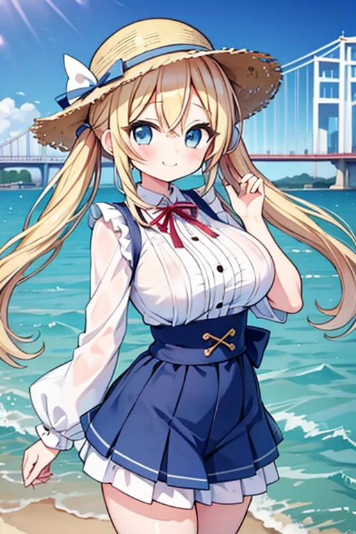 Blonde with blue eyes、ta、Large Breasts、Twin tails、Girl Brat,Large Breasts,Cute eyes,Puffy eyes,Akashi Kaikyo Bridge,Japan,Hyogo,Smile,enjoy,Straw hat,