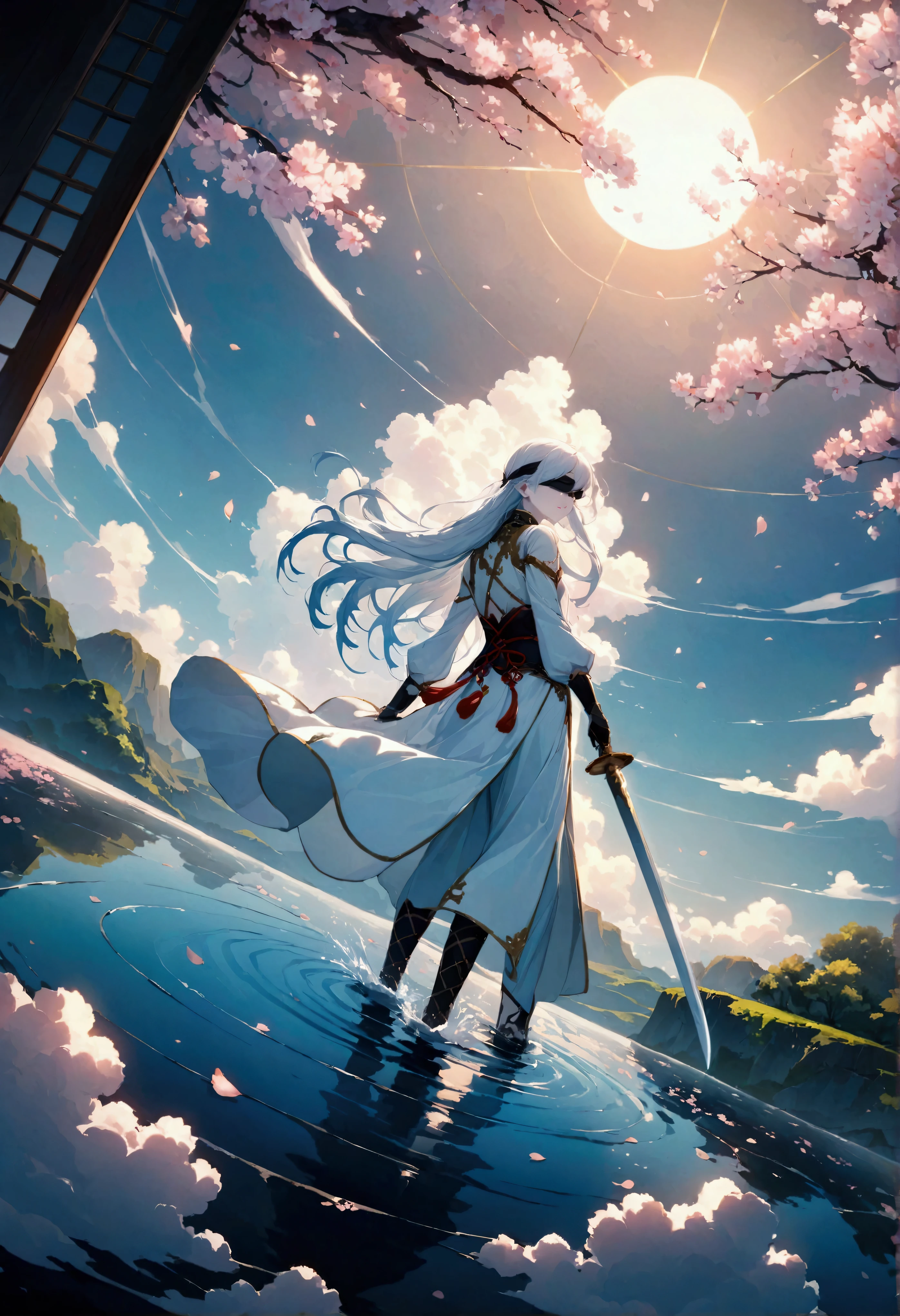 Boys\(Knight,15 years old,Chinese Clothes,White long hair,Black lace up blindfold,White clothes,Pale skin,Handsome face,Holding a white Tang sword\)Back,Many small crystal blue butterflies,Flying from the ground to the air,There is a huge Oriental white dragon facing the screen at the top of the screen.,Bare fangs and claws,Surrounded by white clouds,vivid,The picture is exquisite,Surrounded by white clouds,White clouds reflected in the water,There are cherry blossoms on both sides of the picture,Cherry blossom petals gradually fall,Cherry blossom petals sprinkled on the water, creating ripples,quality\(8K,Extremely detailed CG unit wallpaper, masterpiece,high resolution,top-quality,top-quality real texture skin,Surrealism,提high resolution,RAW photos,Best quality,Very detailed,wallpaper,light,Ray Tracing,Golden Ratio\),(Long Shot),Wide-angle lens,landscape,