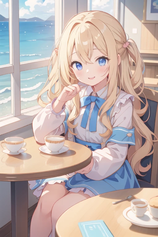 A young girl around 12 years old、Long wavy blonde hair、A corner of the cafe、Take a seat、Teacups and cakes on the table、The window overlooks the sea、Face close-up、smile、Anatomically correct、Accurate hand drawing