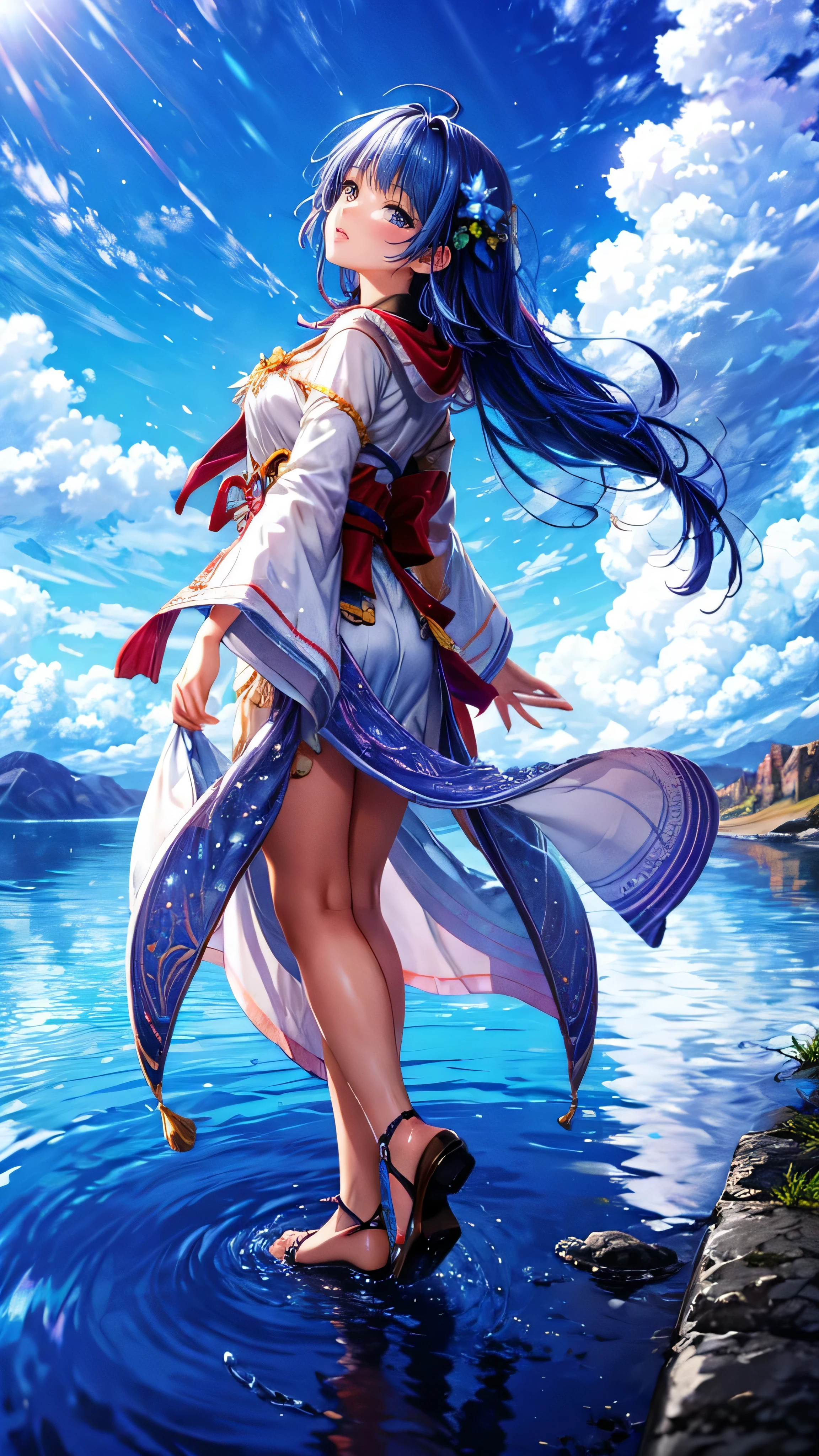 1girl, looking up at the sky, vast landscape, blue sky, outdoor, backview, flowers at her feet, wind blowing hair, reflection on water surface, anime style, detailed facial features, beautiful eyes, cute expression, serene, peaceful, dreamlike, vibrant colors, soft lighting, high quality, 8k, photorealistic, masterpiece, digital art,masterpiece,best quality,ultra detailed,high-resolution,8k portrait,unity 8k wallpaper,extremely detailed CG unity 8k wallpaper