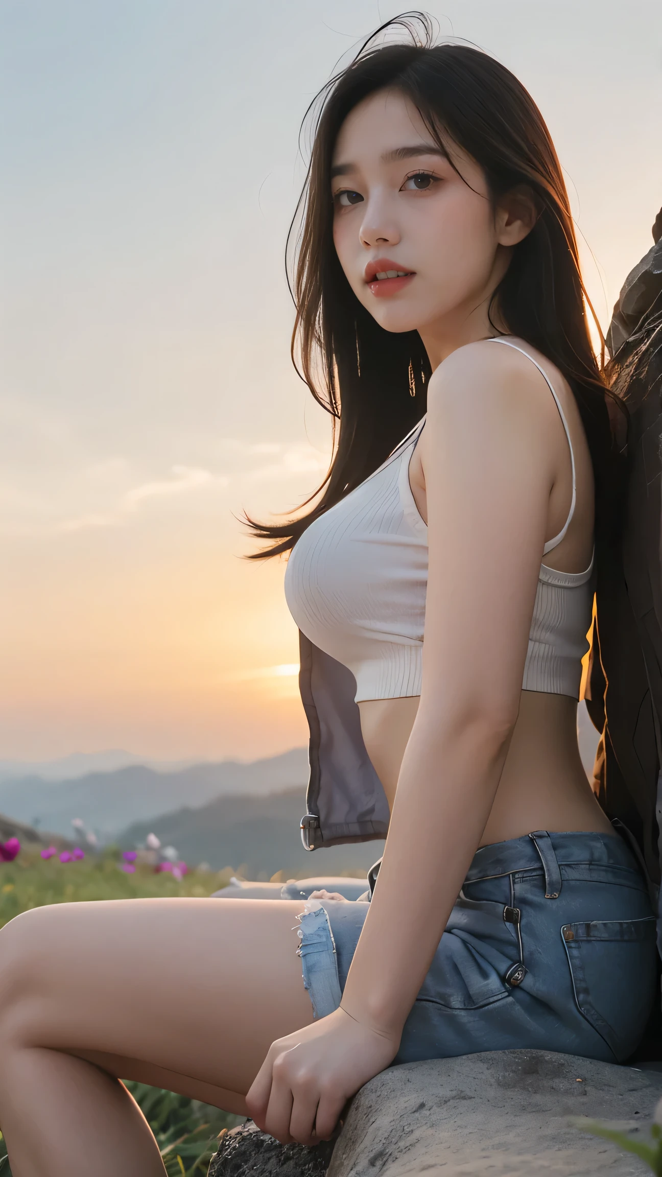 no, Ray Tracing, Radio City, Anisotropic filtration, 16,000, best quality, 1 woman, alone, mature, beautiful tourist, Shorts, hiking tank top, Gradient long hair, climbing equipment、laugh、sunset , big breasts、Sitting on a rock in a field of flowers