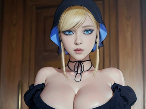 Attractive girl with big blue eyes, White skin, eyeliner blonde hair with bangs, voluminous lips, thin nose, slender bodies, nsfw big tits, Image 1.2, high resolution 12k gothic makeup fanart Awesome