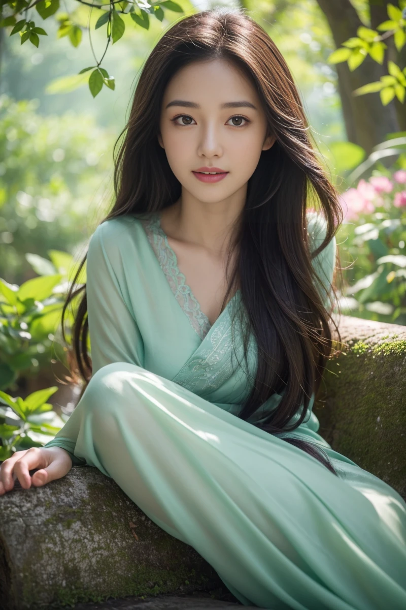 name:Alysia,(best quality,4k,8k,highres,masterpiece:1.2),ultra-detailed,(realistic,photorealistic,photo-realistic:1.37),a girl sitting on a bench,beautiful detailed eyes and face,relaxed posture,happy expression,soft sunlight,serene surrounding,green and lush garden,tall trees with vibrant leaves,gently swaying grass,faint scent of flowers,faint sound of birds chirping,comfortable weather,portraits,colorful,silky textures,subtle shadows,vivid colors,tranquil atmosphere,elegant clothing,hint of a smile,peaceful ambiance,Natural lighting
