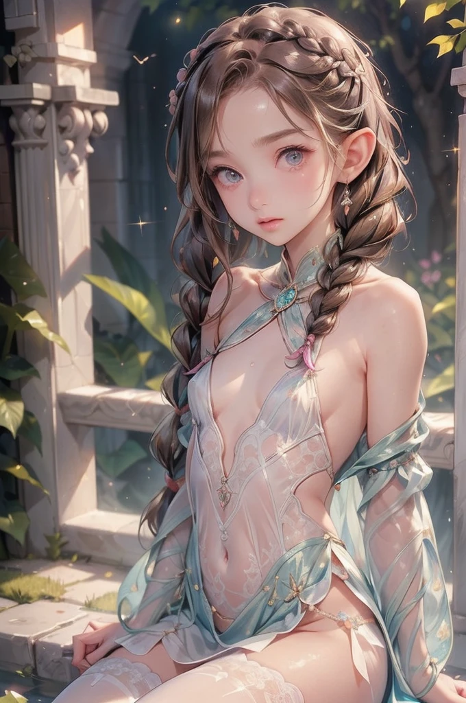 ((best quality)), ((masterpiece)), (detailed), 1 Girl, Off-shoulder, small tribal,(((small ,small))),(Round Face),(small chest),(Big forehead:1.2),(Beautiful big eyes:1.3),extremely detailed cute anime face, (((flat chest))),((((long double braids,tight braids,Long braids,Braided Hair,Long scissors,Colored undercoat)))),Complex eyes,beautiful detailed eyes,Symmetrical eyes,((((Glowing skin:1.5,Bright skin: 1.5,Glowing skin,very Glowing skin,Shiny body,Reflective Skin)))),(((detailed face))),beautiful detailed lips,(National Foundation)), ((Loincloth dress)),(Loincloth clothing,style),(Clothes made from leaves and flowers),((Wet clothes,)), Dynamic poses,Looking at the audience, (((Awkward))),(Frightened expression),high resolution,(best quality),(ultra detailed,extremely detailed),Perfect face details, ((masterpiece:1.4, best quality))+, (ultra detailed)+, Long twin tails, (White stockings), Cute girl,Blue clothes, (flat chest:1.3), 1 Fairy, Off-shoulder, fairy tale, Fairy, Elf girl with wings, 女孩Fairy, Different types of insect wings, small breasts (flat chest:1.3), National Foundation，Tentacles状藤蔓, 覆盖着Tentacles, 被Tentacles缠绕, 身体周围的Tentacles, 许多Tentacles, 被Tentacles捕获, 被Tentacles, 被Tentacles困住, Fine details，Tentacles，用Tentacles绑住, 漫游Tentacles, Slobber，cry，Frightened expression, panic, Fighting for survival, helpless, Detailed body，Complete limbs，National Foundation, Pulled into a flower, Wildlife, jungle, Horrible floral environment, Terrible nature, Predatory flora, Fairy捕手, Fairy捕手, Fairy捕手 plant, Tentacles状藤蔓, Fairy捕手-plant, Fairy捕手 flower, Tentacles状藤蔓, Fairy捕手-flower inspired by carnivorous plants; A plant occupies an evolutionary niche comparable to