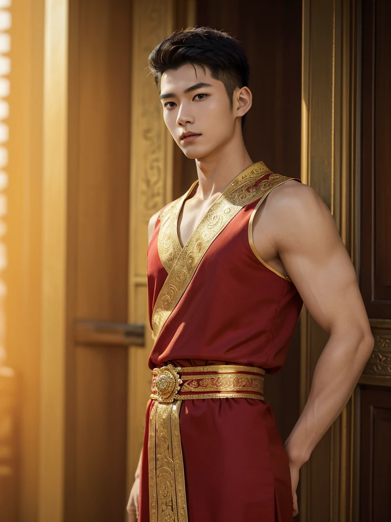 (10,masterpiece,There's nothing wrong with it..., Realistic :1.3), bestquality, portrait , Realistic, 1 Handsome chinese slim guy, 20 years old, Hair combed smoothly, (red thai tradition dress), golden jewelry, white dress , ( comfortable:1.2), buddha temple background, (breeze:1.2),(sun lighting:1.2)
